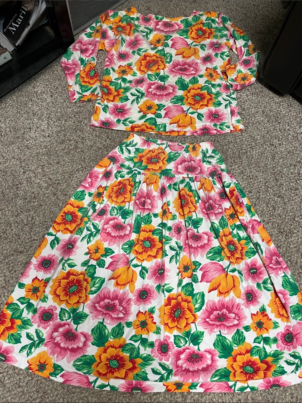 Vintage 80s cotton Bright Floral Two-Piece skirt Set - Pink & Yellow Flowers